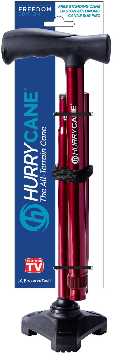 HurryCane Freedom Edition Folding Cane with T Handle, Red folding cane with T-handle in red, 360-degree pivoting head and SteadiGrip rubber base for improved traction, three-section fold to one-third size, push-button height adjust 30.5"–37.5", tested to support 350 lb.