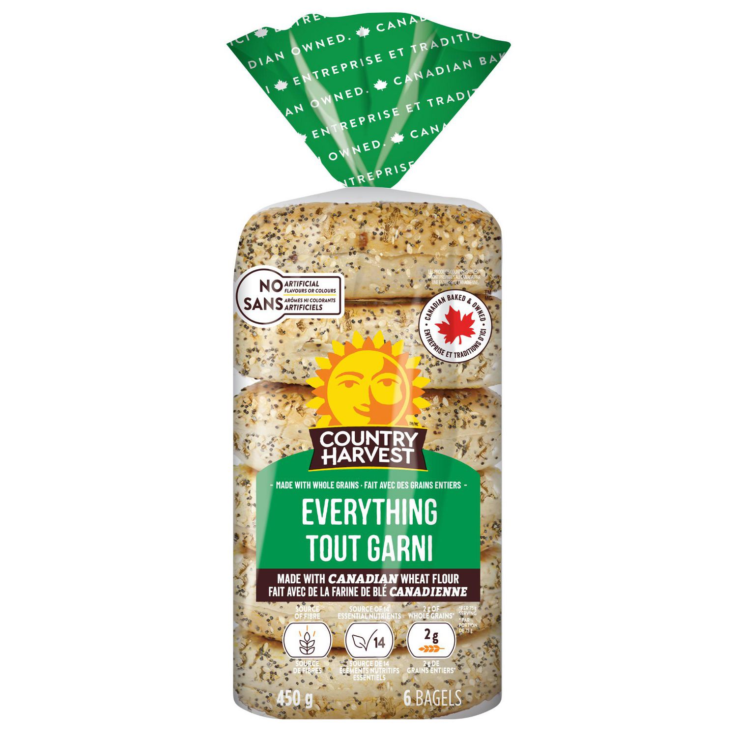Country Harvest Everything Bagel, No Artificial Flavours or Colours, 6 Count, 450 g