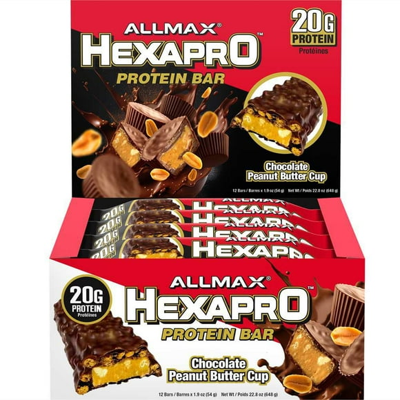 Allmax Hexapro Protein Bar Chocolate Peanut Butter Cup, High Protein Energy Bar<br>20G Protein<br>12 bars