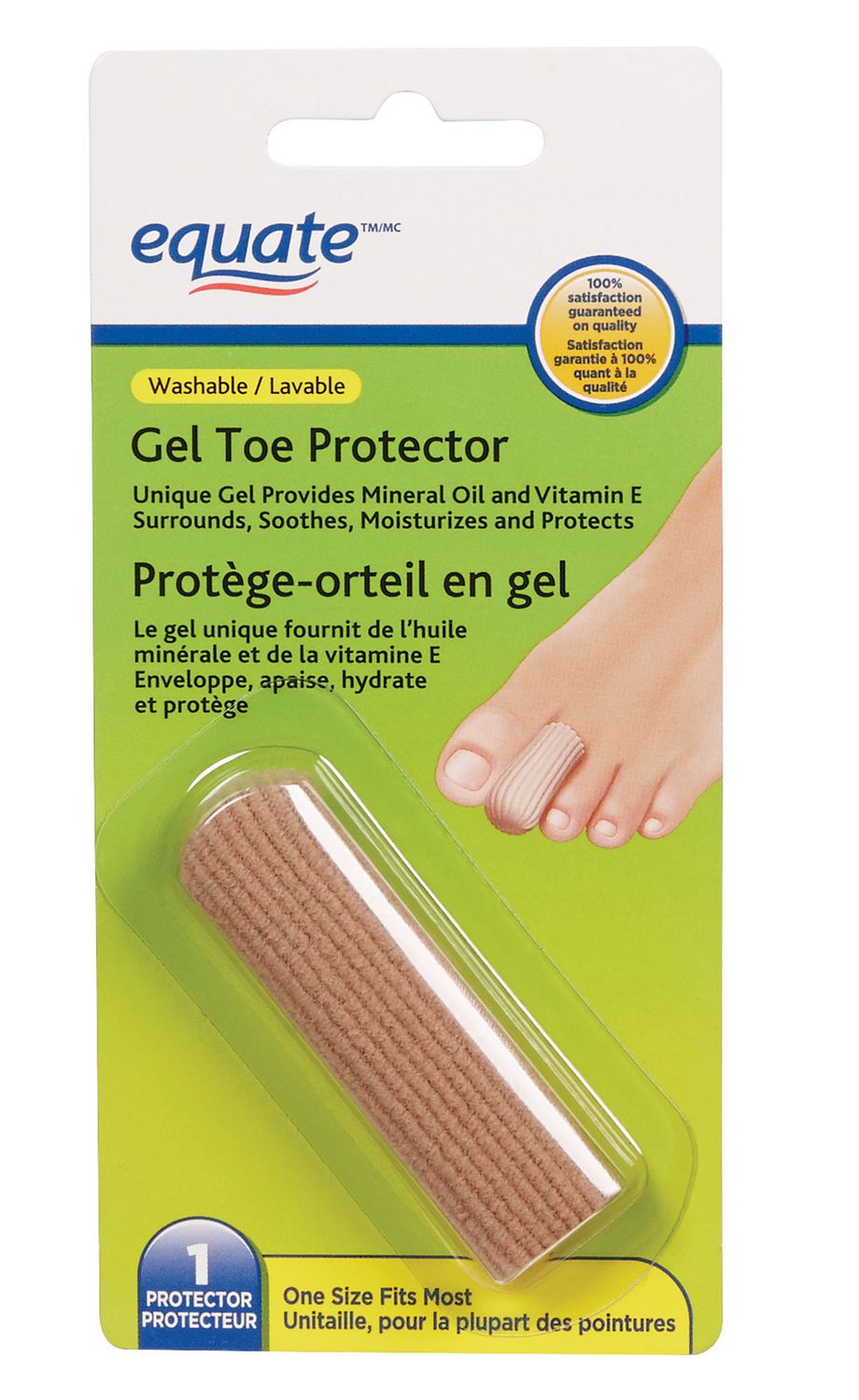 Equate Gel Toe Protector, Toe Separator soft gel sleeve enriched with mineral oil and vitamin E that cushions, soothes and moisturizes toes; elastic, washable, reusable sleeve fits most toes, can protect fingers and is suitable for daily foot care.