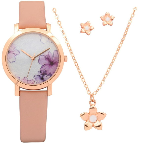Ladie's Fashion Watch Set with Rose Gold Necklace and Heart Earrings