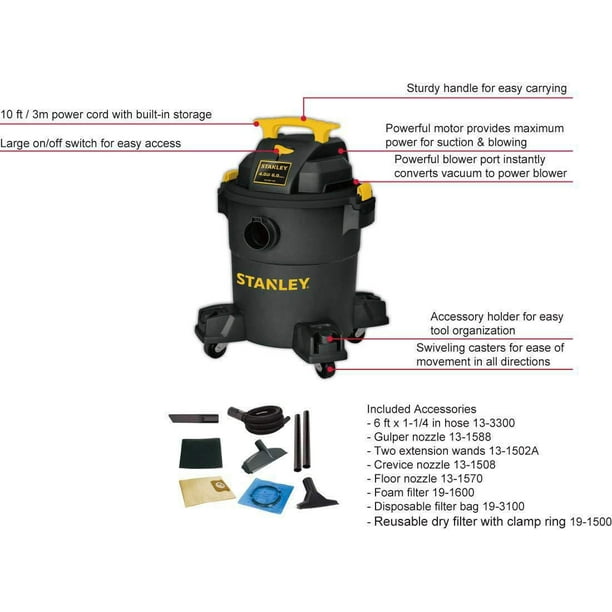 Stanley Aspirateur humide/sec, 5 gallons, 4 chevaux AC, noir et filtre  réutilisable en tissu bleu 25-1201 avec bague de serrage pour aspirateurs  humides/secs de 4 à 5 gallons : : Commerce, Industrie et Science
