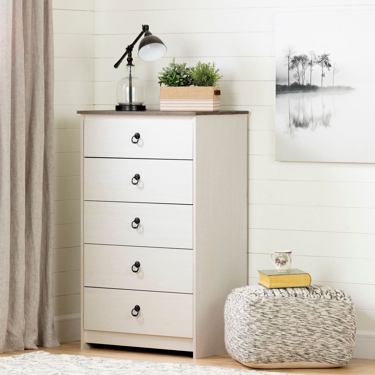 South Shore Plenny 5 Drawer Chest White Wash And Weathered Oak