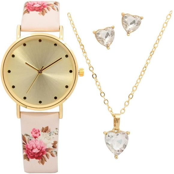 Ladie's Fashion Watch Set with Goldtone Necklace and Heart Earrings