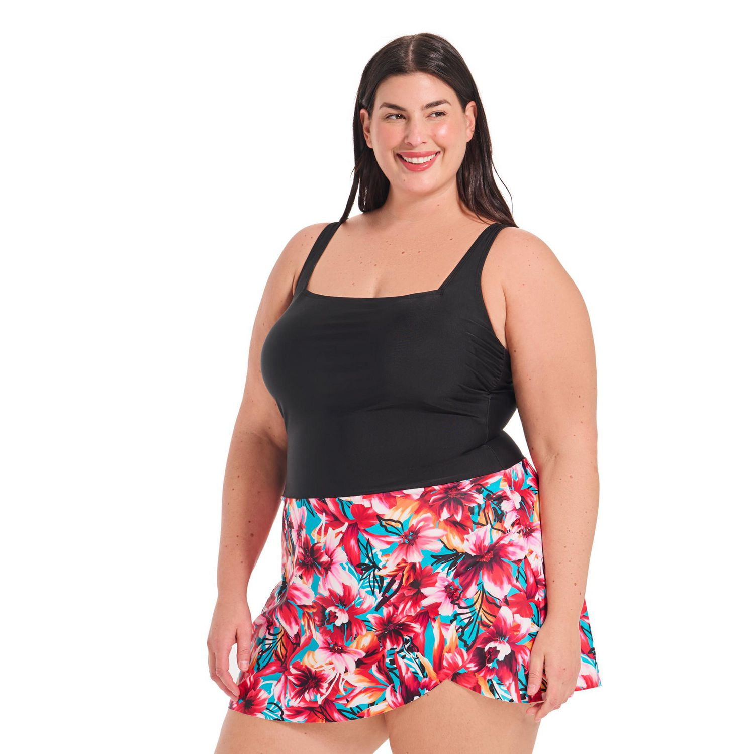 Krista Plus Women's Square Neck One Piece Swim Dress with Printed A-Line Skirt