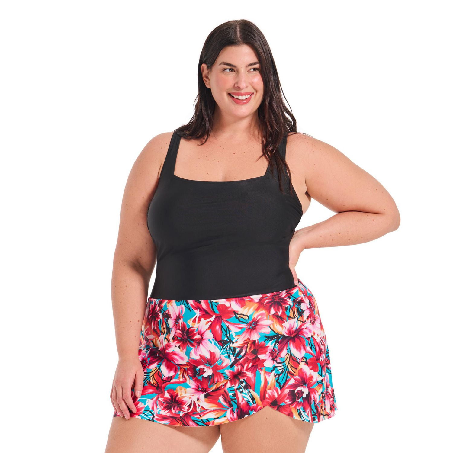 Krista Plus Women's Square Neck One Piece Swim Dress with Printed A-Line Skirt