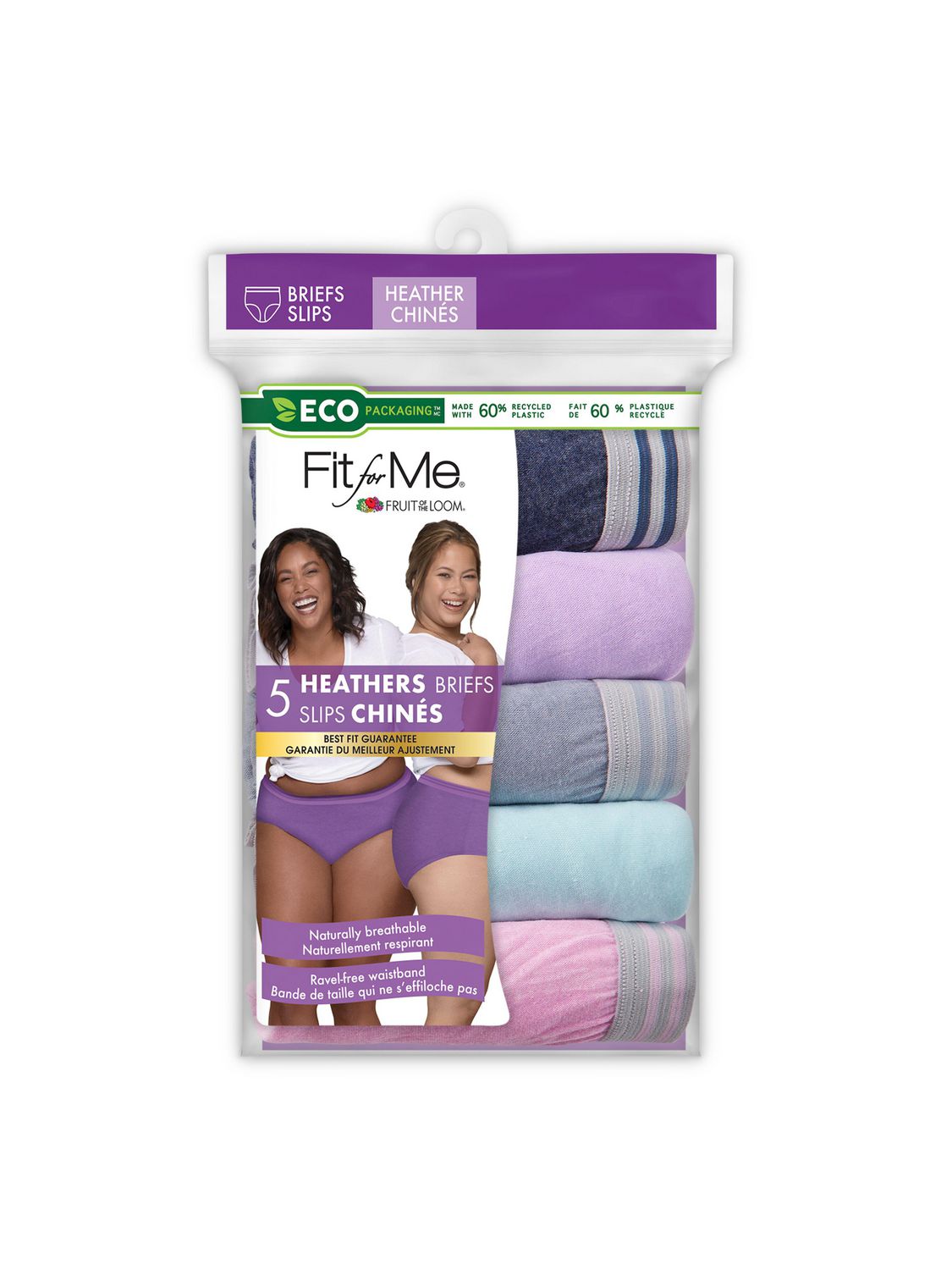 Fruit of the Loom Women's Plus Fit for Me Assorted Heather Brief Underwear,  5-Pack, Size: 9-13