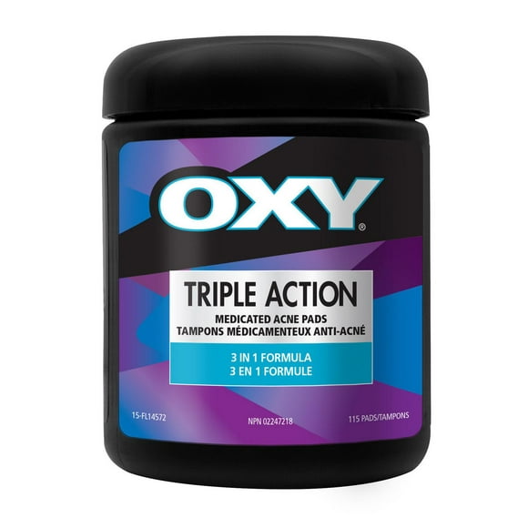Tampons nettoyants contre l'acné OXY à triple action avec acide salicylique, pour peaux mixtes, acné légère, éruptions récurrentes fréquentes, 115 ct