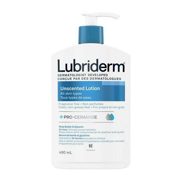 Lotion Lubriderm non parfumée, Beurre de karité et glycérine, Peau sèche, Hydratant pour les mains et le visage, Sans parfum 480 ml