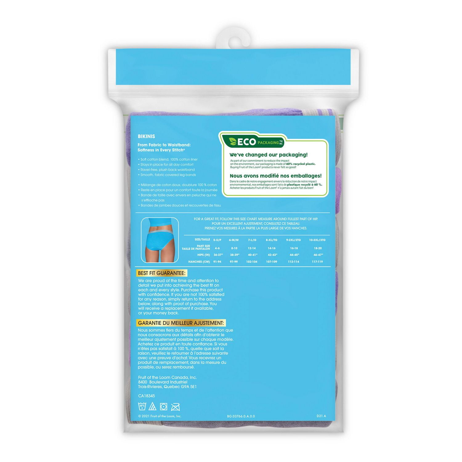 Bikini chiné Fruit of the Loom pour femmes, paquet assorti de 6 Tailles 5 à 9