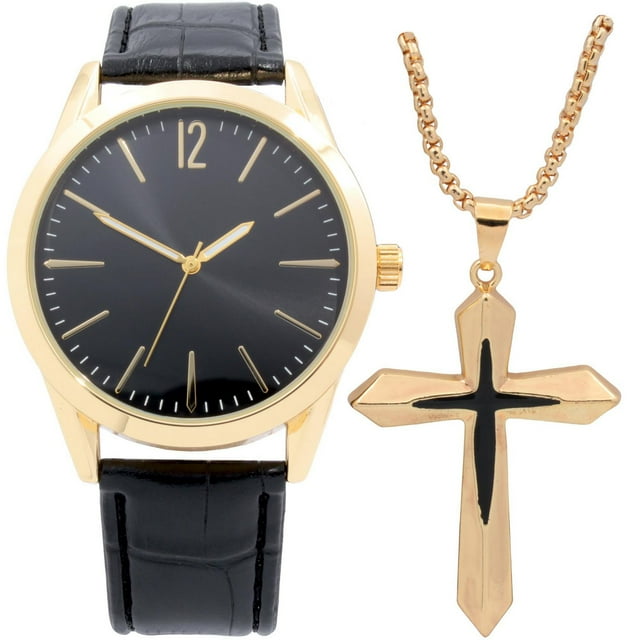 Men's Easy Read Analog Black PU Strap Watch with Goldtone Cross Necklace