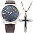 thumbnail image 1 of Men's Easy Read Analog Brown PU Strap Watch with Silver Cross Necklace, 1 of 2