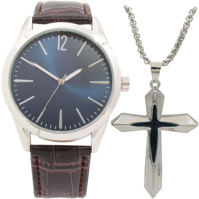 Men's Easy Read Analog Brown PU Strap Watch with Silver Cross Necklace