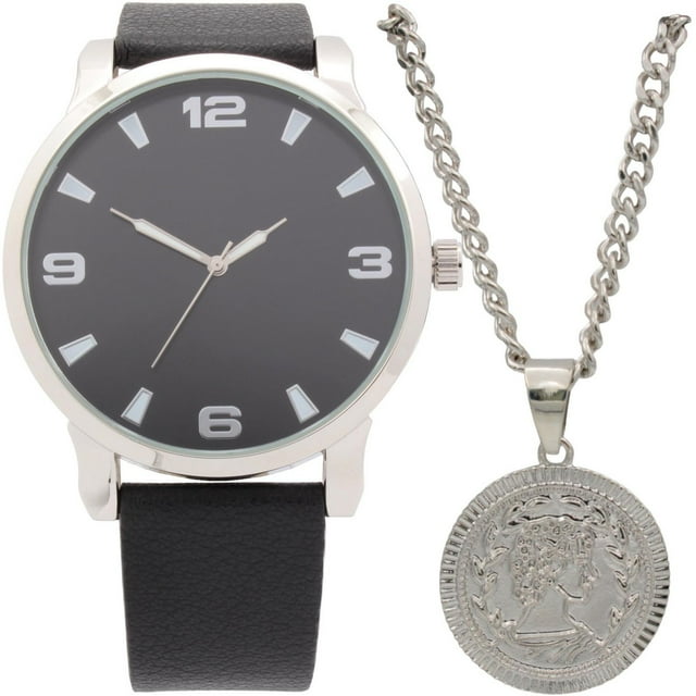 Men's Easy Read Analog Black PU Strap Watch with Silvertone Coin Necklace