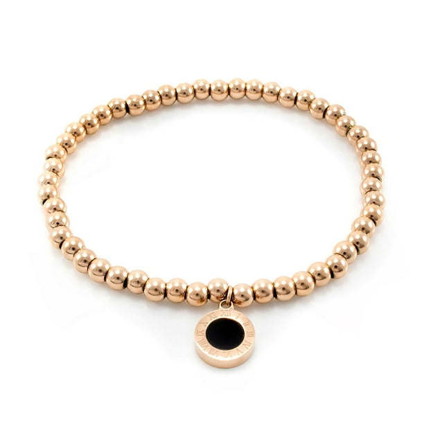 Bracelet de perles rondes Pure316 pour femmes à chiffre romain à vernis noir plaqué or rose