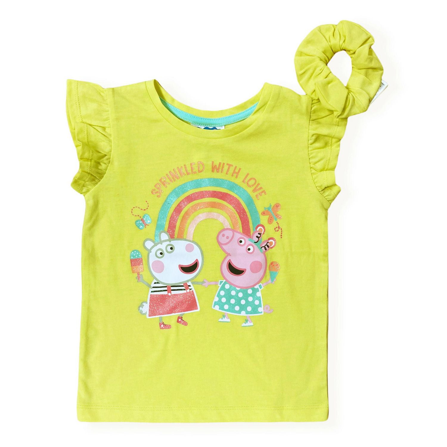 Peppa Pig T-Shirt-shirt pour petite fille à manches courtes à volants et chouchou pour les cheveux