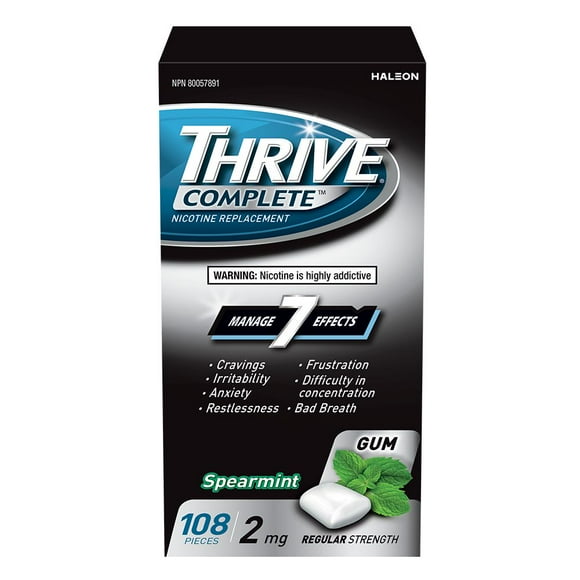 Gomme Thrive Complet 2 mg Force régulière Remplacement de la nicotine Menthe verte, 108 morceaux