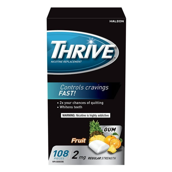 Gomme Thrive 2 mg Force régulière Remplacement de la nicotine Fruits, 108 morceaux