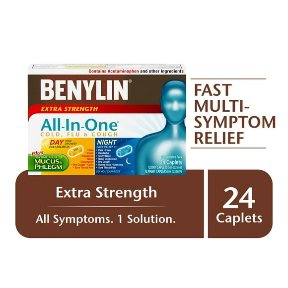 Benylin Extra-puissant, Tout-en-un® Rhume, toux et grippe, Duo pratique Jour et Nuit, soulage les symptômes de rhume, toux et grippe 24 caplets