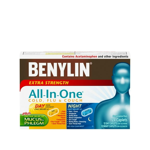 Benylin Extra-puissant, Tout-en-un® Rhume, toux et grippe, Duo pratique Jour et Nuit, soulage les symptômes de rhume, toux et grippe