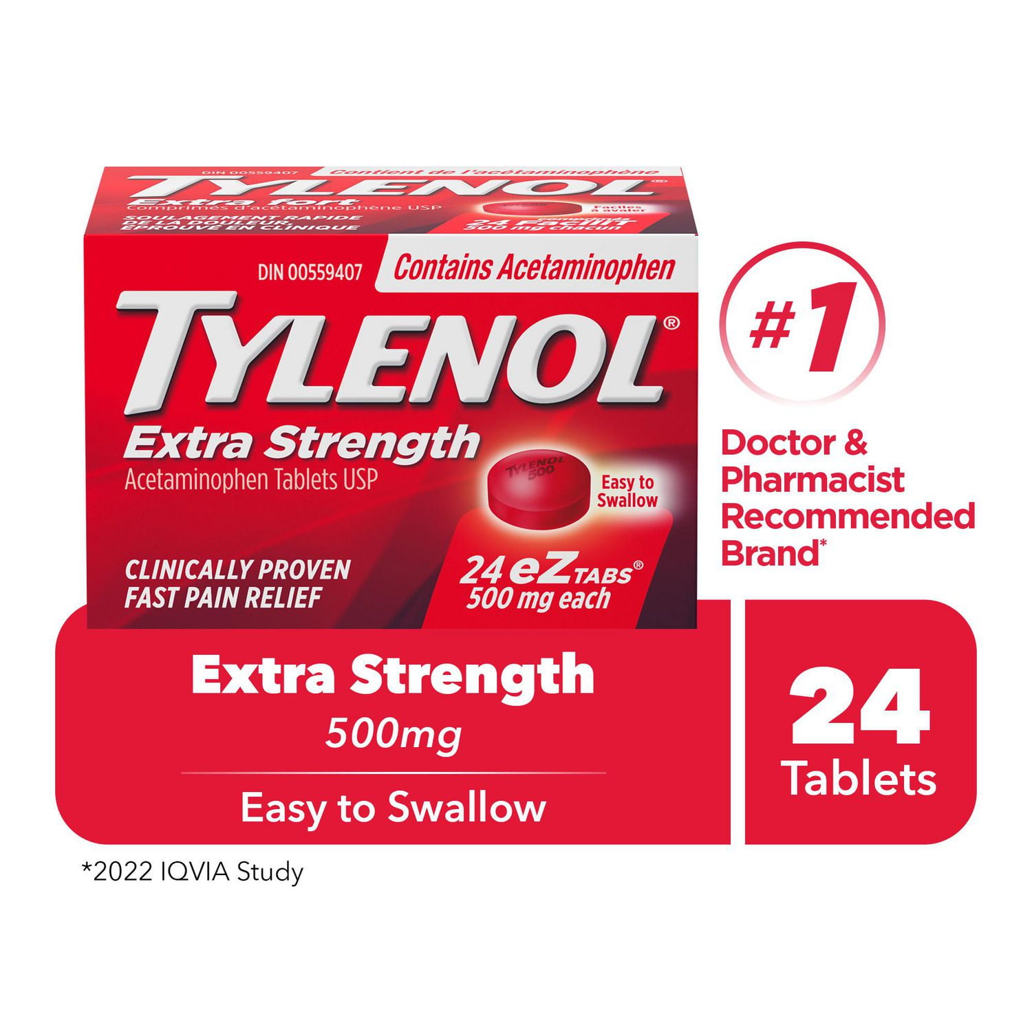 Tylenol Extra Strength Pain Relief Acetaminophen 500mg EZTabs | Walmart ...