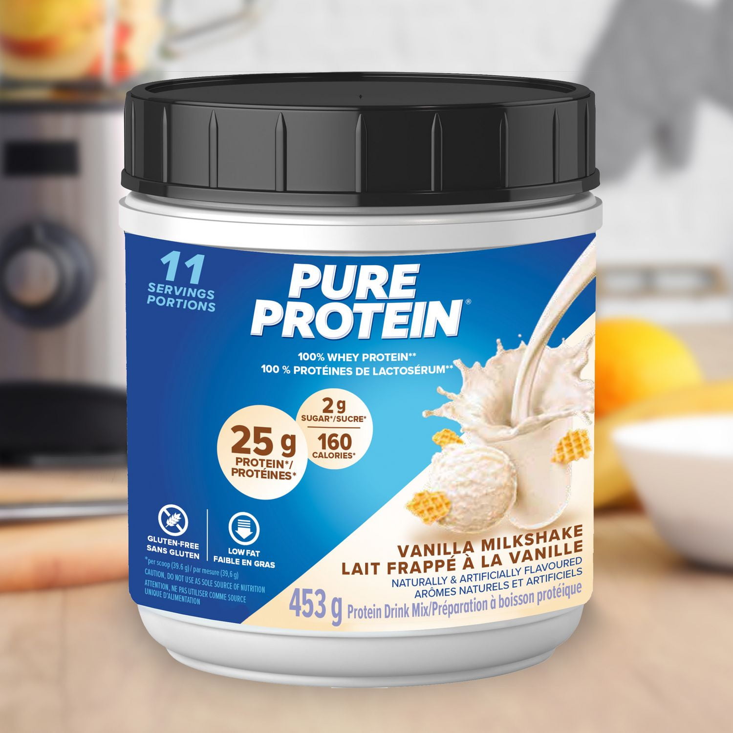 Lait frappé à la vanille, poudre de protéines de lactosérum à 100 %, 25 g de protéines et 2 g de sucre/mesure, 453 g/1 lb NOUVELLE APPARENCE! La poudre de protéines de lactosérum à 100 % Pure Protein offre un puissant mélange protéique - délicieux, pratique et à action rapide.