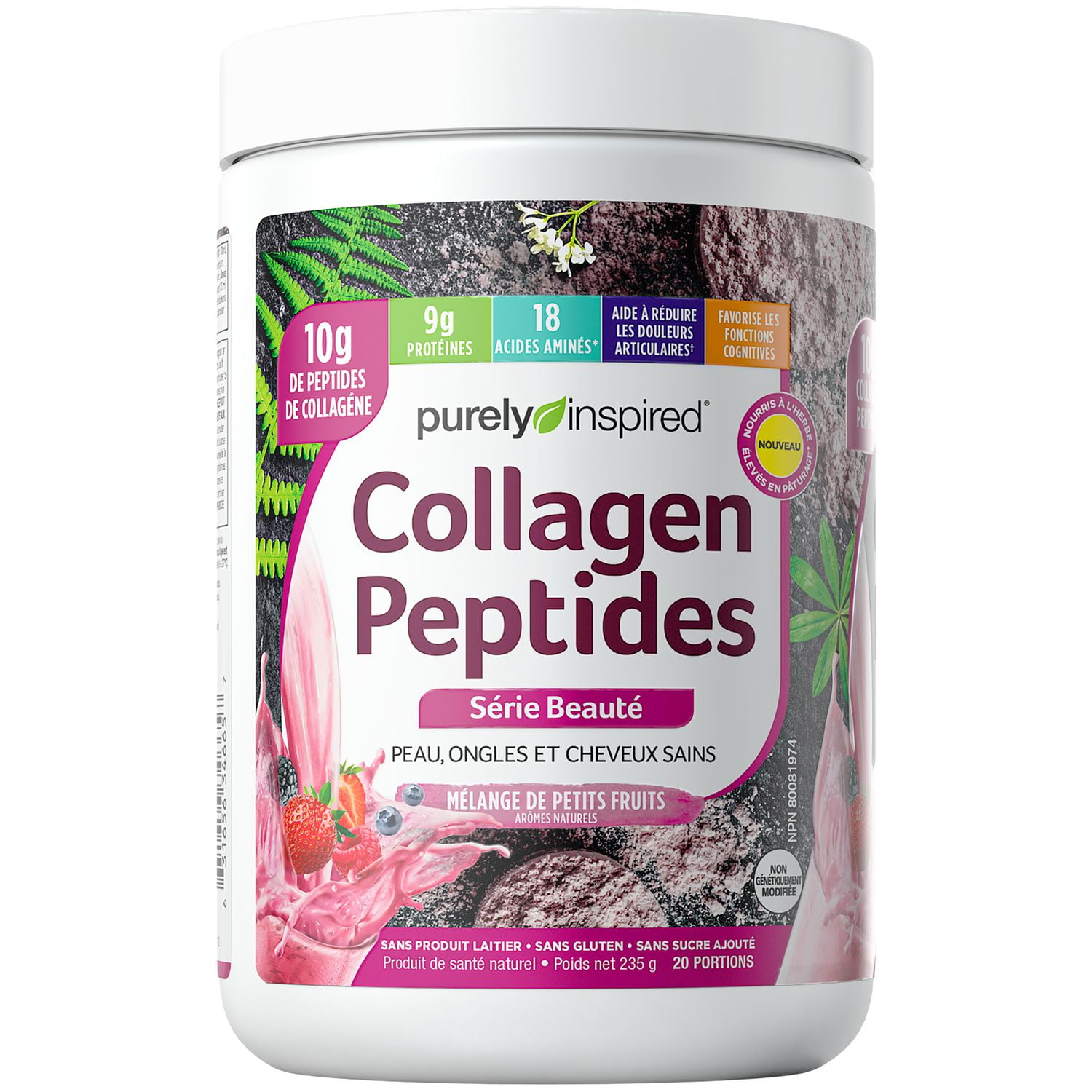 Purely Inspired Collagen Protein Powder- Serie Beaute- MElange De Petits Fruits, Peau, Ongles et Cheveux Saina, 10g Collagene, Biotin, Sans Produit Laitier, Sans Gluten, Sans Sucre Agoute