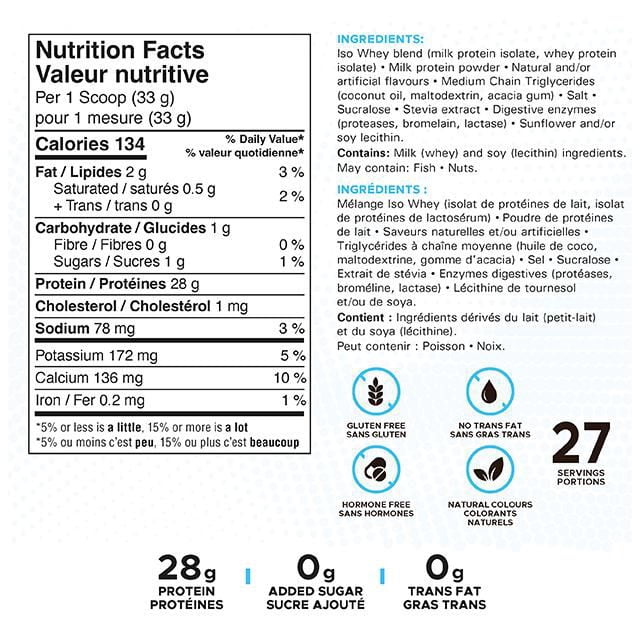 thumbnail image 3 of Revolution Nutrition, Iso Whey, Poudre de Protéines 2LB, 28g de Protéines par Dosette, 27 Portions, Formule pour la Masse Musculaire Maigre, Faible en Glucides, Sans Gluten, 908g, Cookies & Cream (2 Livres), 3 of 6