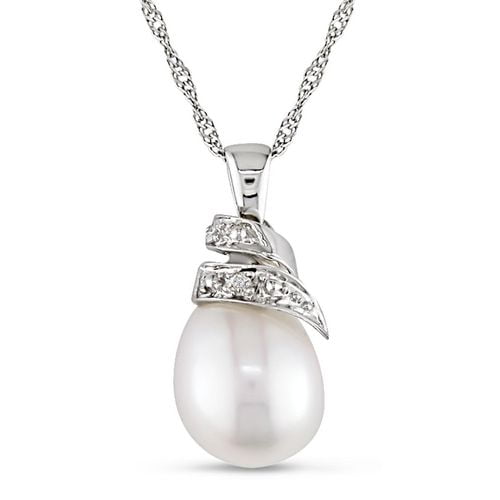 Miadora Pendentif avec perle d'eau douce blanche 6,5-7 mm et diamant 0,01 ct en or blanc 10 K, Chaîne corde 10 K 17 po