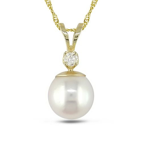 Miabella Pendentif avec perle d'eau douce de culture 7-7,5 mm et diamant 0,03 ct en or jaune 14 K, chaîne à maillons 14 K 17 pouces