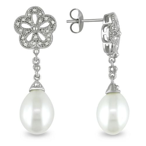 Miadora Boucles d'oreilles avec perle d'eau douce blanche 9,5-10 mm et diamant 0,04 ct en argent
