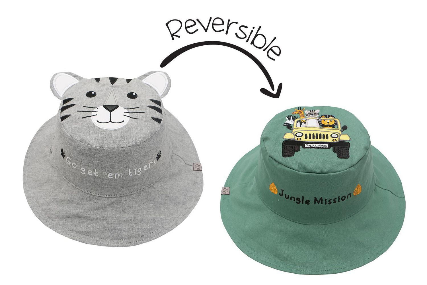 FlapJackKids - Reversible Baby, Kids & Toddler Sun Hat - Tiger & Safari Truck - UPF 50+