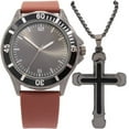 thumbnail image 1 of Men's Easy Read Analog Brown PU Strap Watch with Gun metal Cross Necklace, 1 of 2