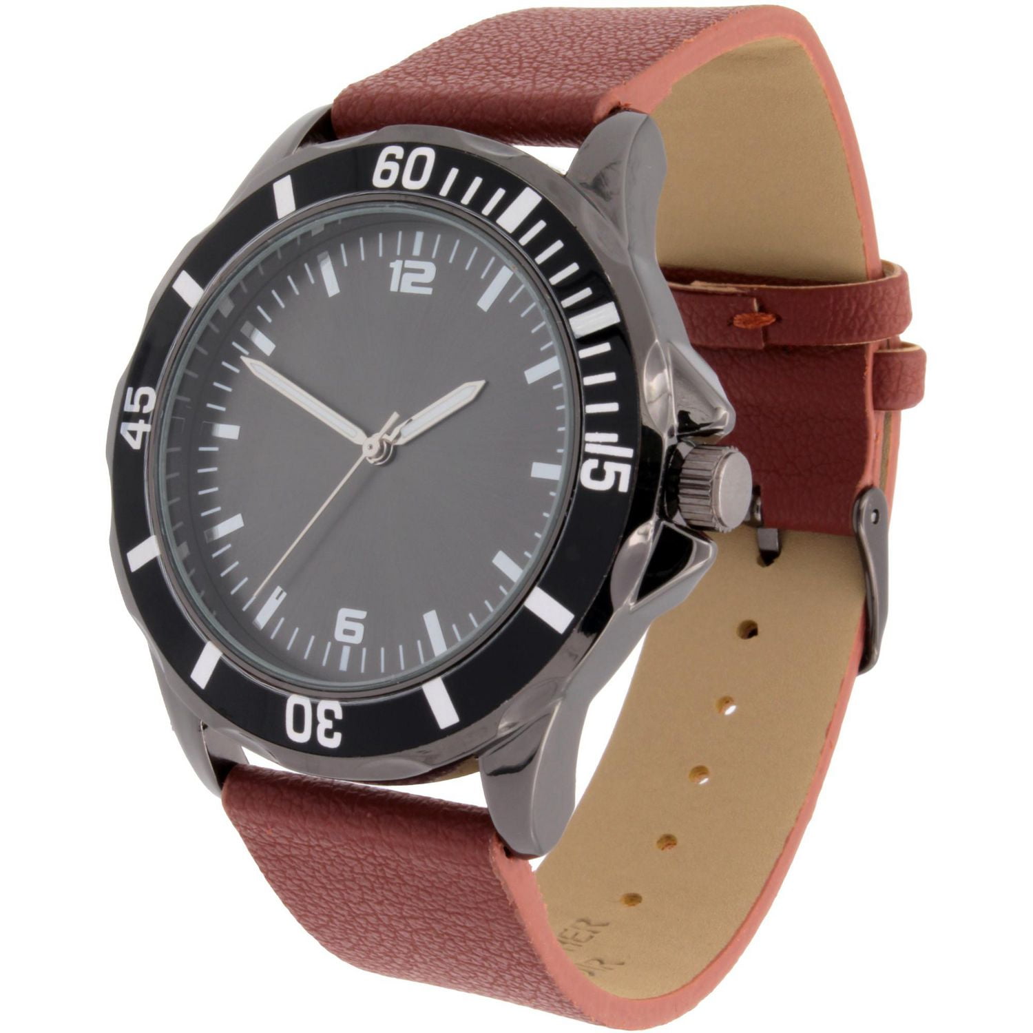 Montre analogique facile à lire pour homme avec bracelet en similicuir PU brun et collier avec croix de métal bronze