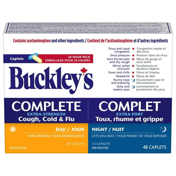 Buckley's Complete Extra Strength Day/Cough, Cold & Flu Night Caplets, 48 Count, Day/Night - 48 Count
