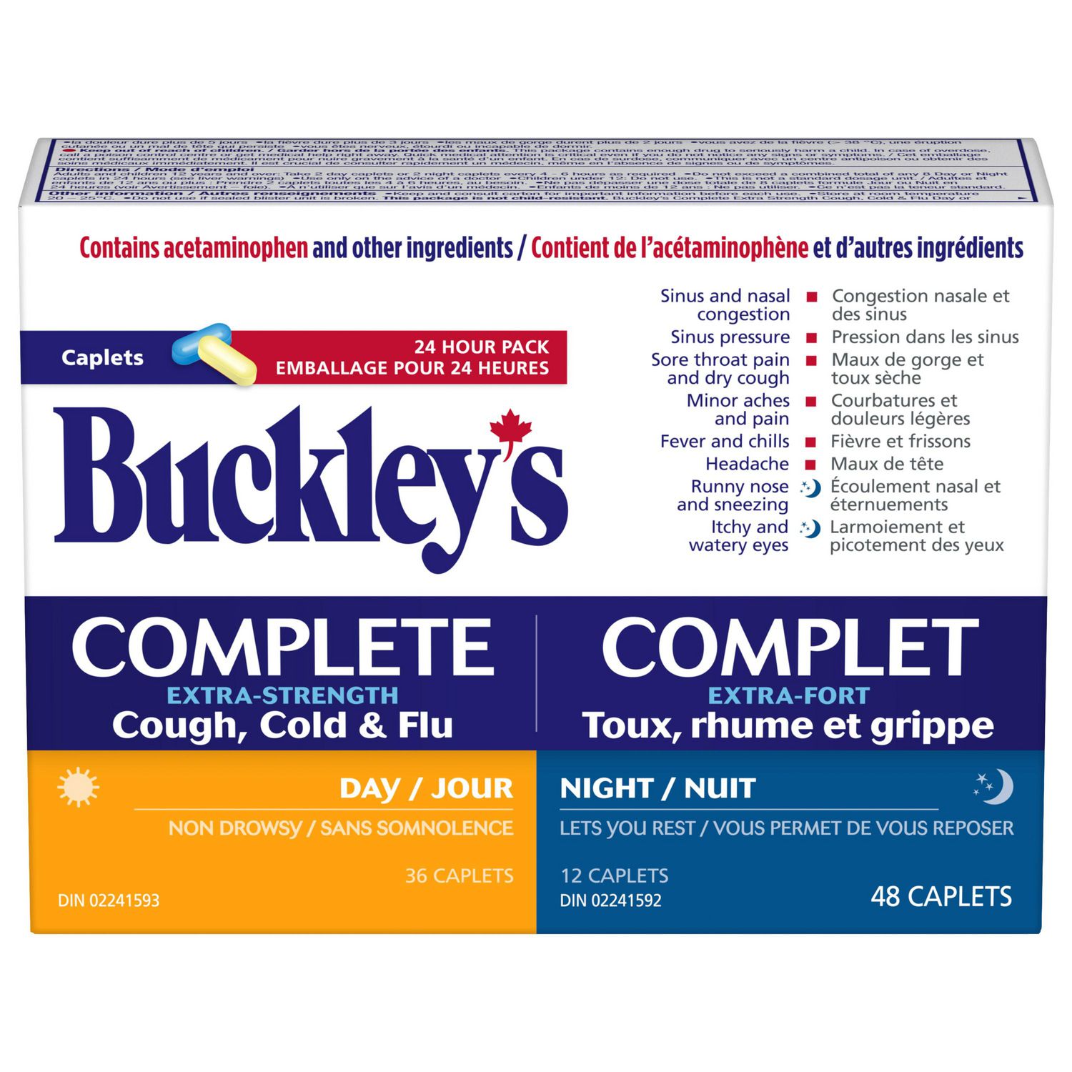 Caplets Buckley Complet Toux, rhume et grippe Extra-fort formules jour/nuit, 48 unités