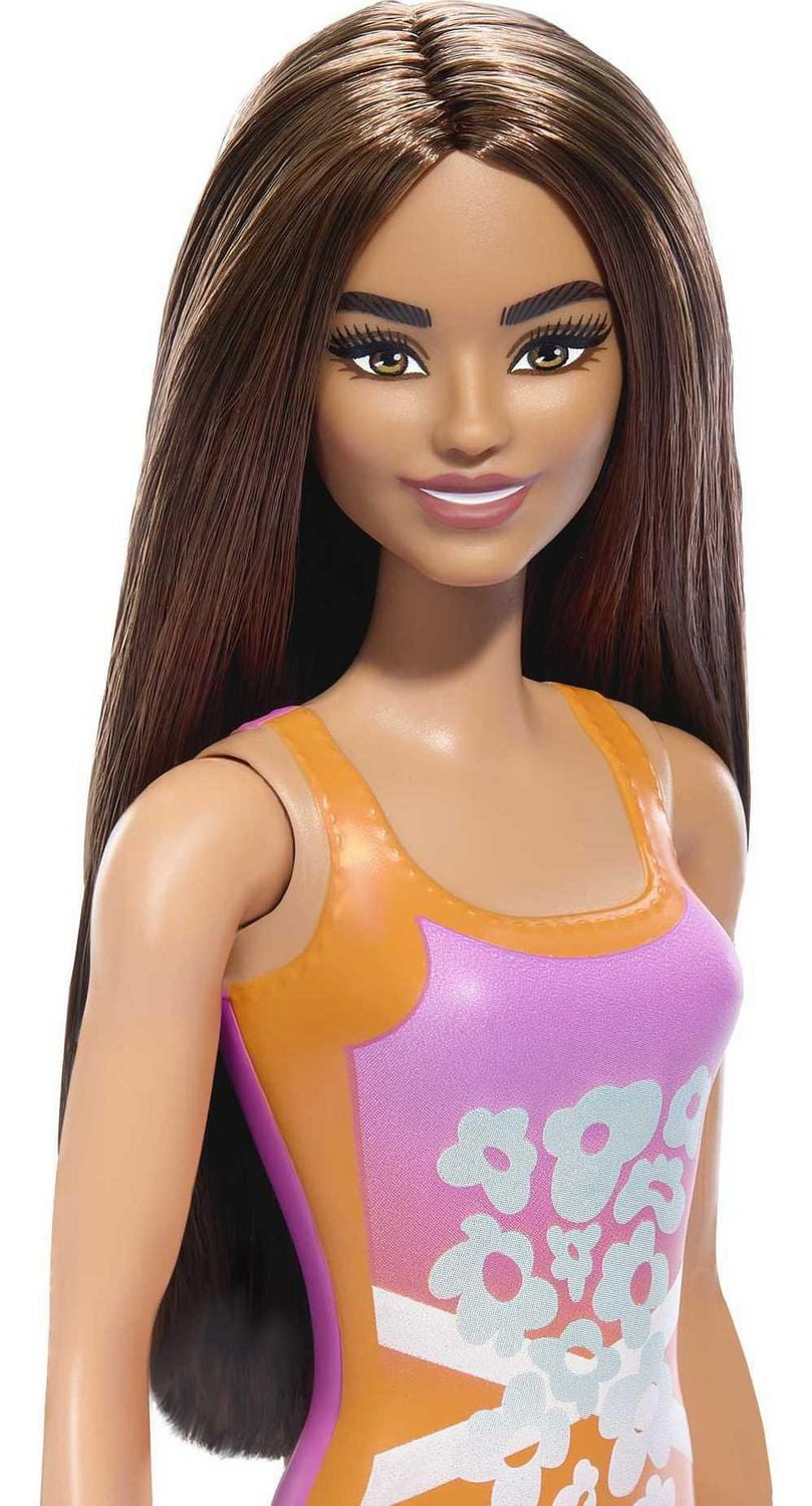 Beach Barbie Doll with Light Brown Hair Wearing Tropical Pink and Orange Swimsuit Ages 3 Walmart