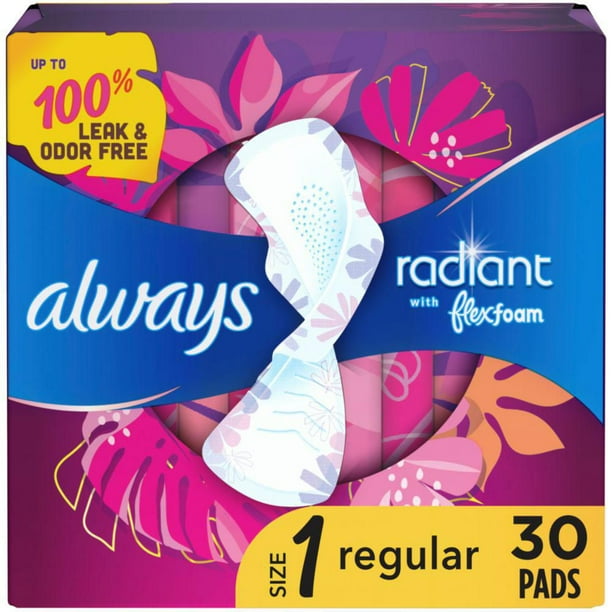 Serviettes Always Radiant, régulières, avec ailes, pour femmes, taille 1, parfum net et léger, 30 serviettes 30CT