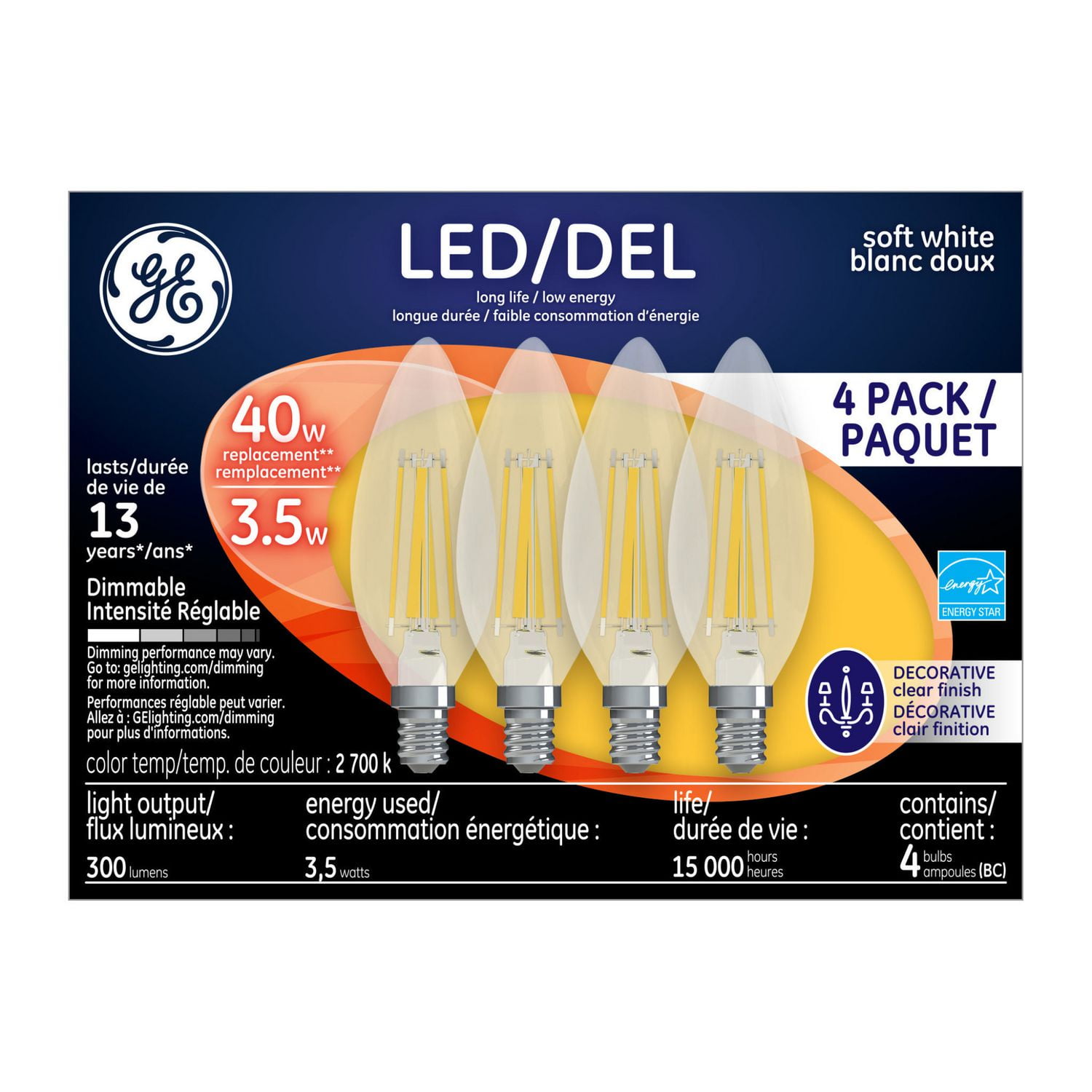 GE 4W LED BC CANDELABRA SOFT WHITE 4 PACK Walmart Canada