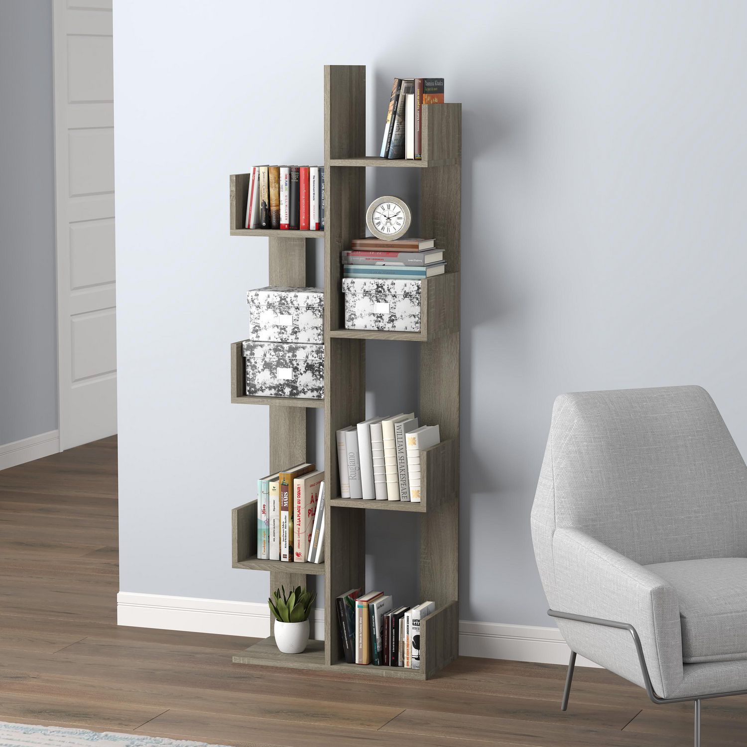 Safdie Co Wall Shelf Dark Taupe 8, Staggered Shelves Bookcase