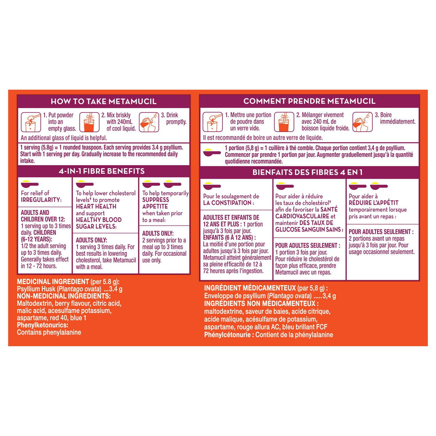 Metamucil 3 in 1 MultiHealth Fibre! Sugar-Free Fiber Suplement Powder, Berry, 418 g