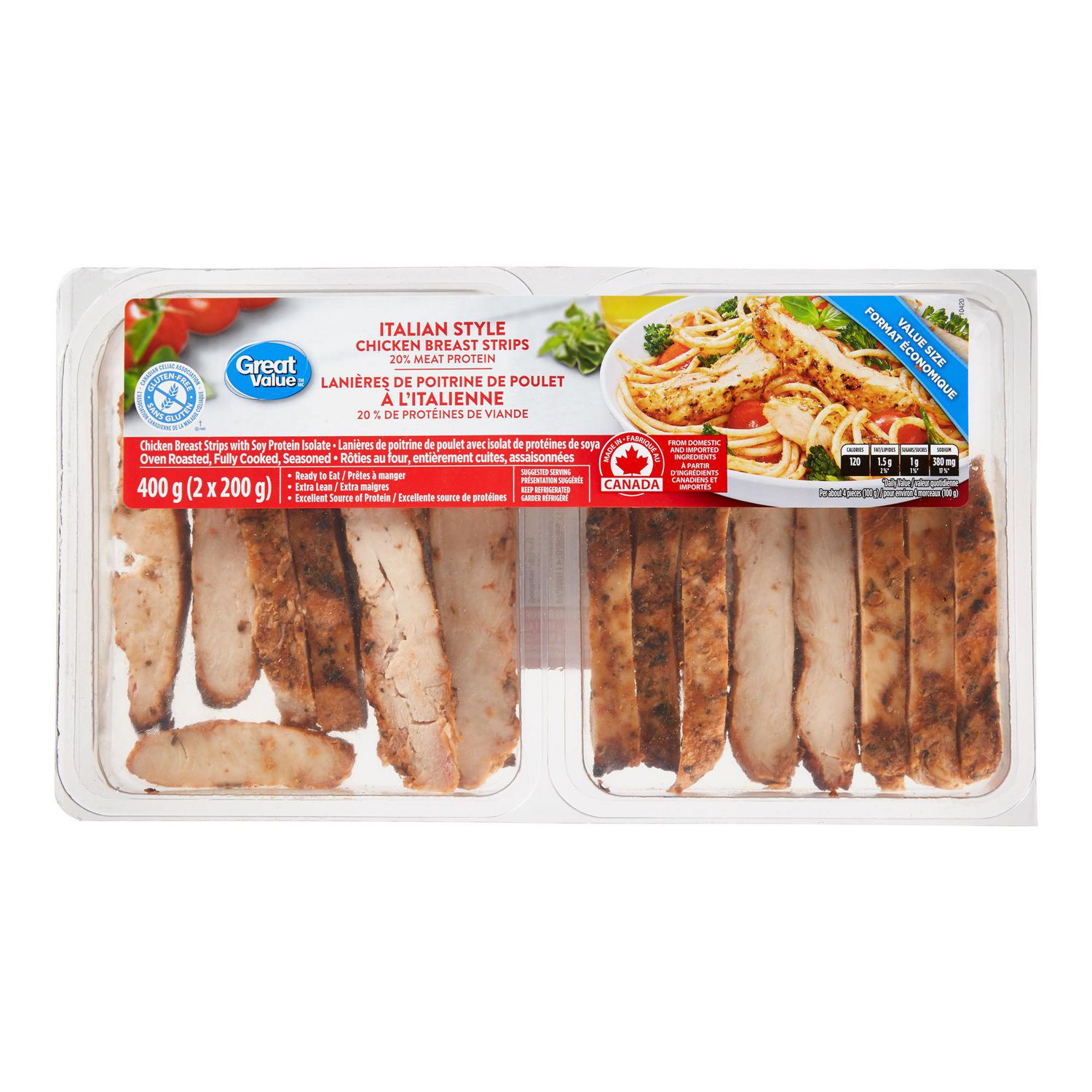 Lanières de poitrine de poulet à l’italienne entièrement cuites Great Value