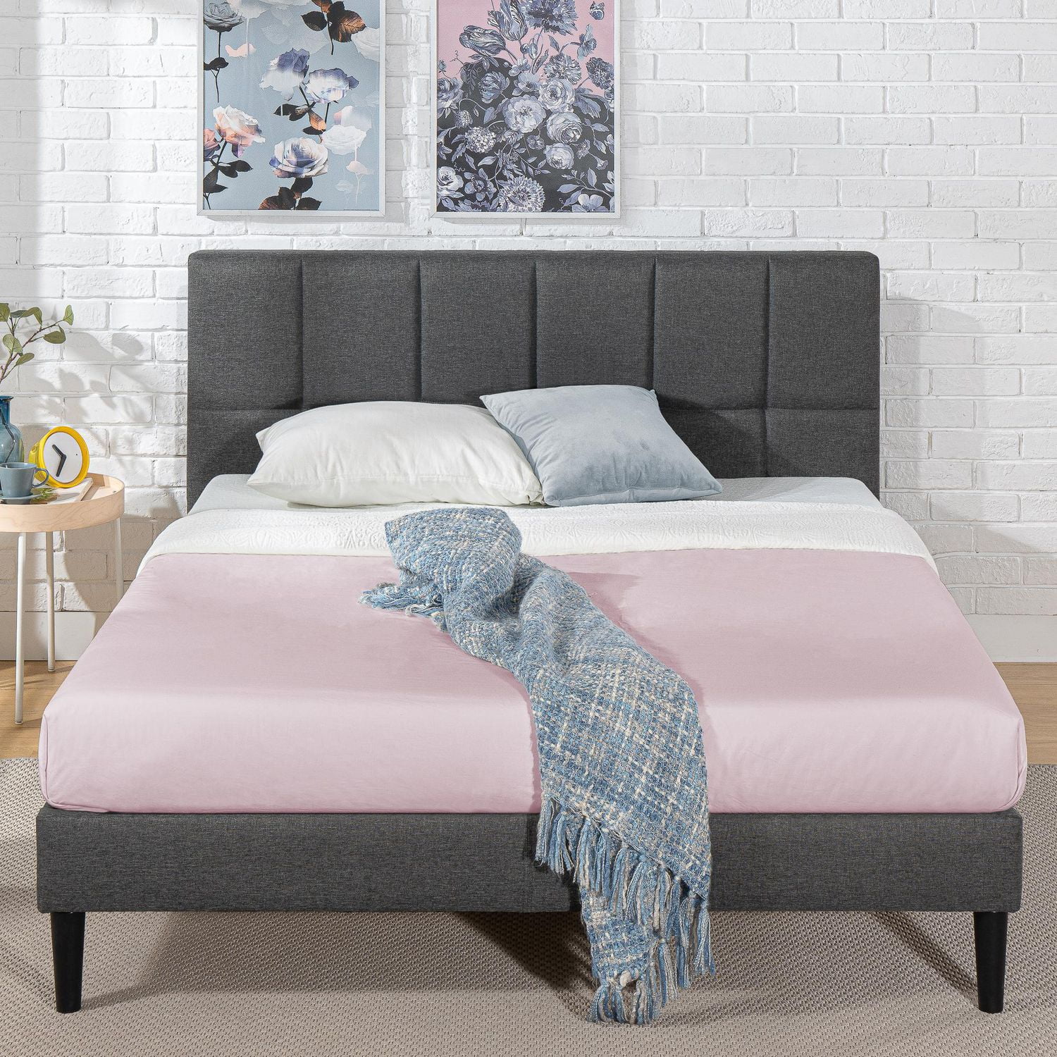 zinus grey upholstered platform bed