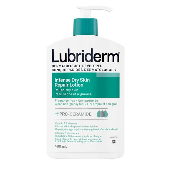 Lotion Lubriderm Intense Dry Skin Repair, Vitamine E, Minéraux, Procéramides, Hydratant pour peau sèche, Hypoallergénique, Sans parfum 480 ml