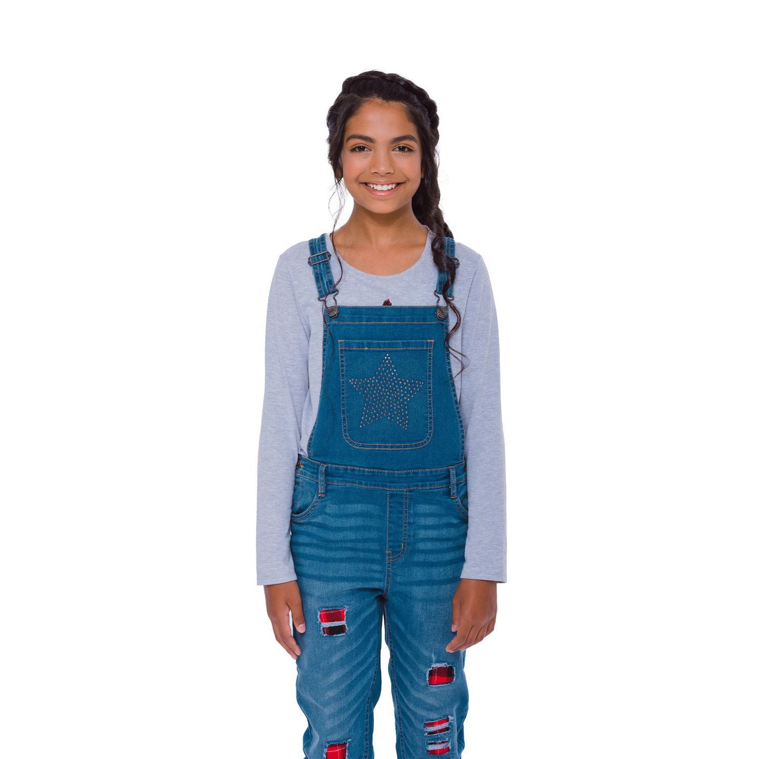 Girls Mini Pop Kids Rock In Plaid Denim Overalls
