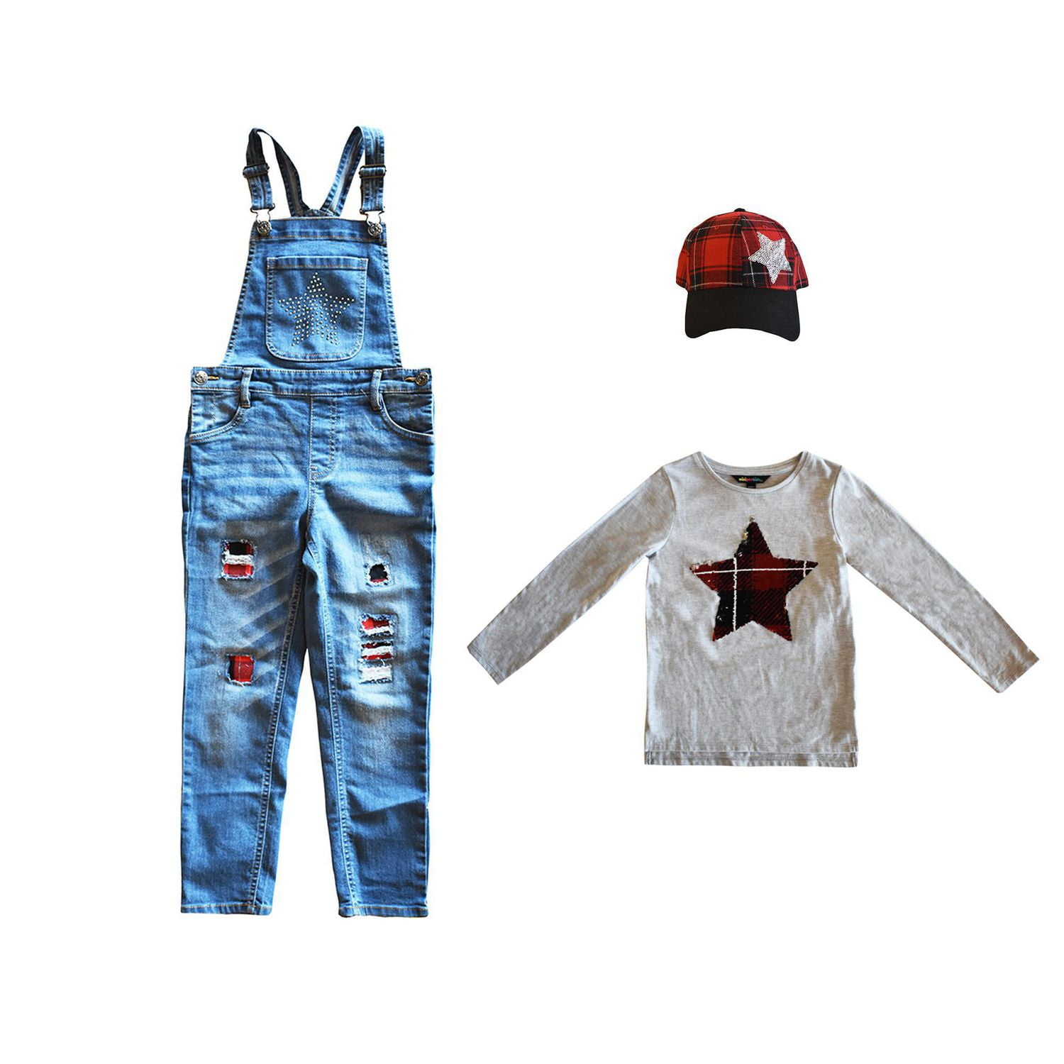 Girls Mini Pop Kids Rock In Plaid Denim Overalls