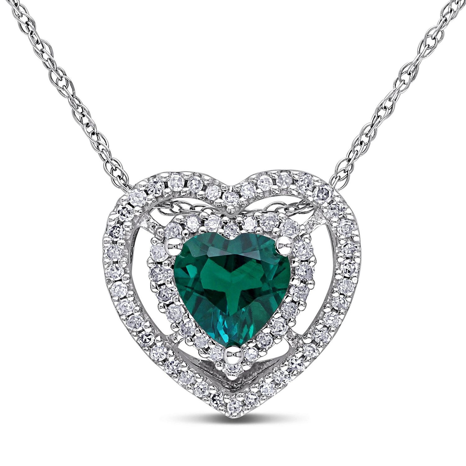 Miabella 3/4 Carat T.G.W. Created Emerald and 1/5 Carat T.W. Diamond 10K White Gold Double Halo Heart Pendant, 17"