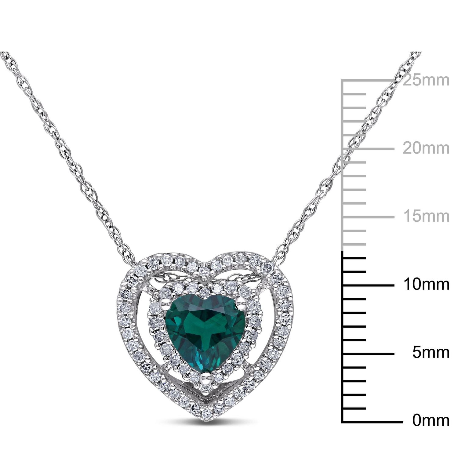 Pendentif auréole de forme cœur Miabella avec émeraude synthétique 3/4 CT PBT et diamants 1/5 CT poids total en or blanc 10K, 17 po