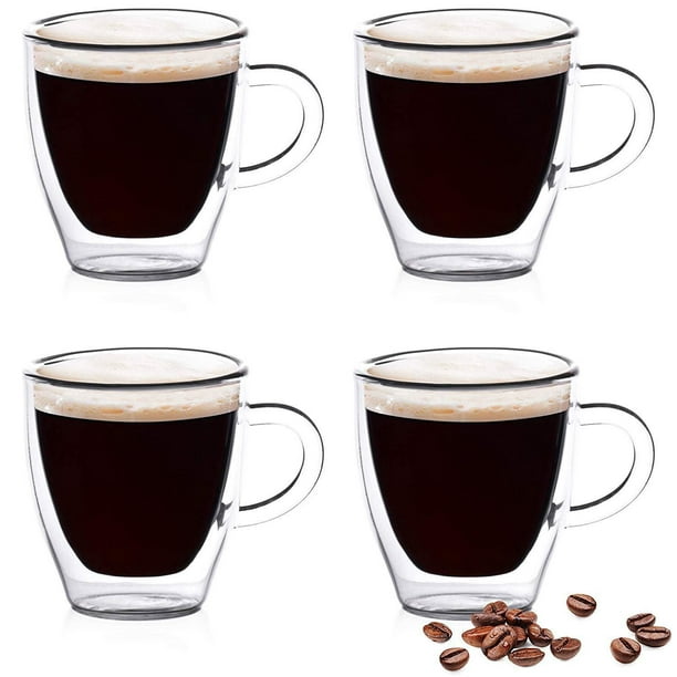 Eparé Glass Espresso Cups - 2oz Double Walled Espresso Cups with Handle -  Set of 4 Single Shot Latte Glasses Cup - Clear Double Insulated Coffee or  Cappuccino Mug : : Home