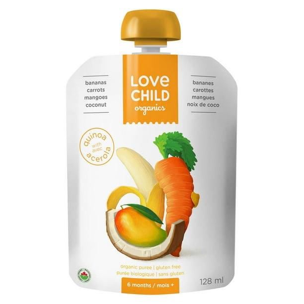 Love Child Organics Super Blends Puree - bananes, carottes, mangues, et noix de coco 128 ml